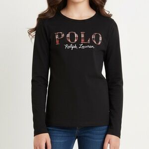 Ralph Lauren Black Long Sleeve Tee with Plaid Logo girl 12/14 years